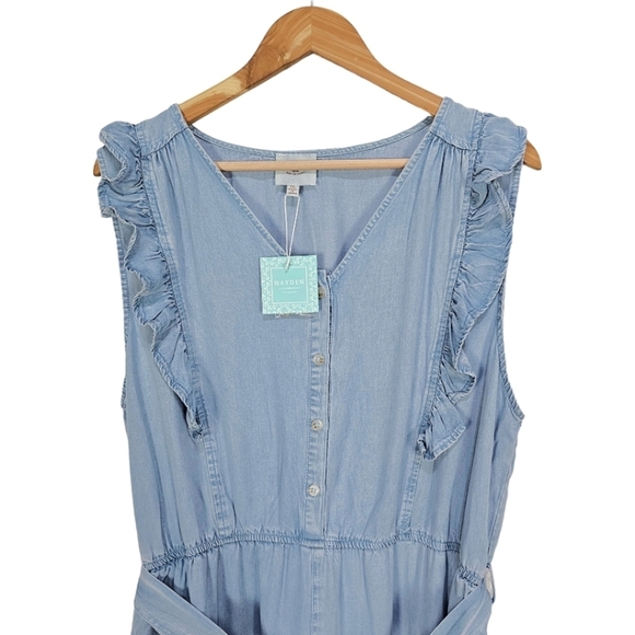 NWT Hayden Blue Tencel Buttoned Ruffle Tank Frayed Wide Leg Belted Jumpsuit - Picture 9 of 15